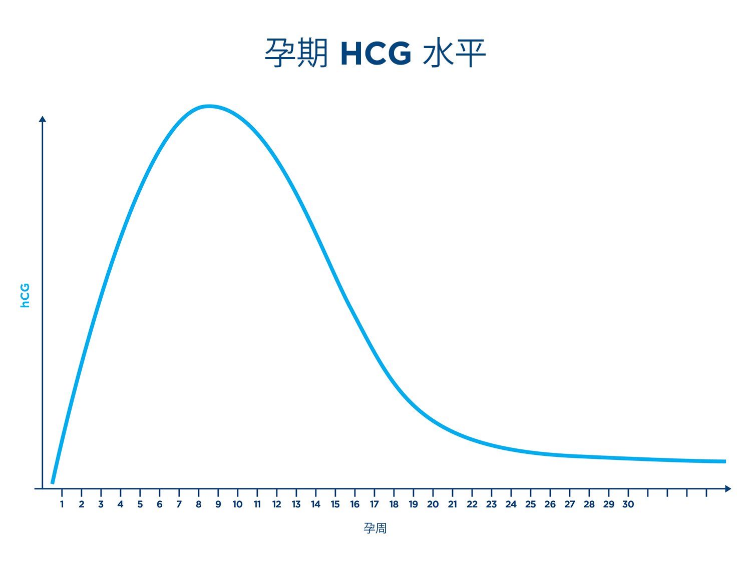 图表显示了怀孕期间的hCG水平，x轴为孕周，y轴为hCG。
